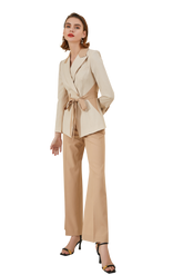 Beige Monochromic Front Tie Wide Leg Pantsuit - FashionByTeresa